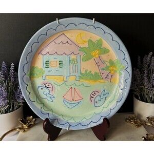 Susan Painter Pottery Hand Painted Stoneware Plate Pastel Beach Fish EC